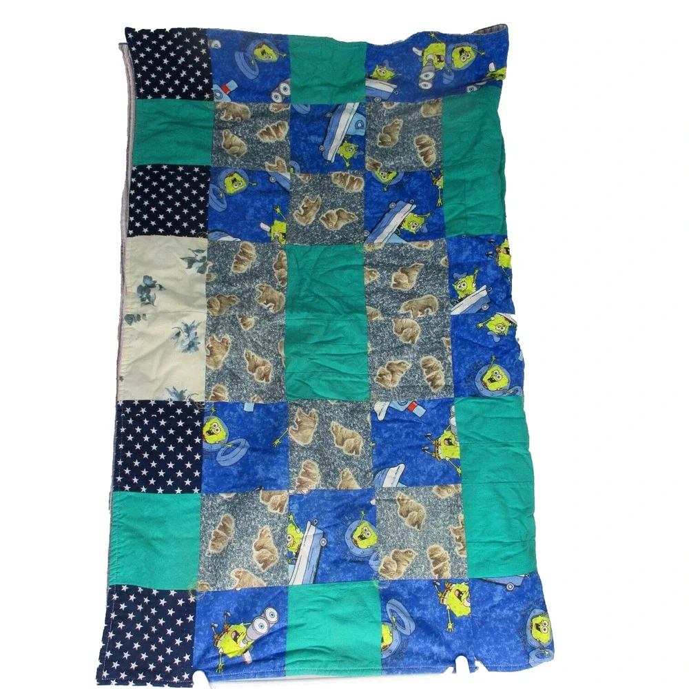 Vintage Tugboat SpongeBob BEAR STAR Nickelodeon Flannel Throw Blanket 43